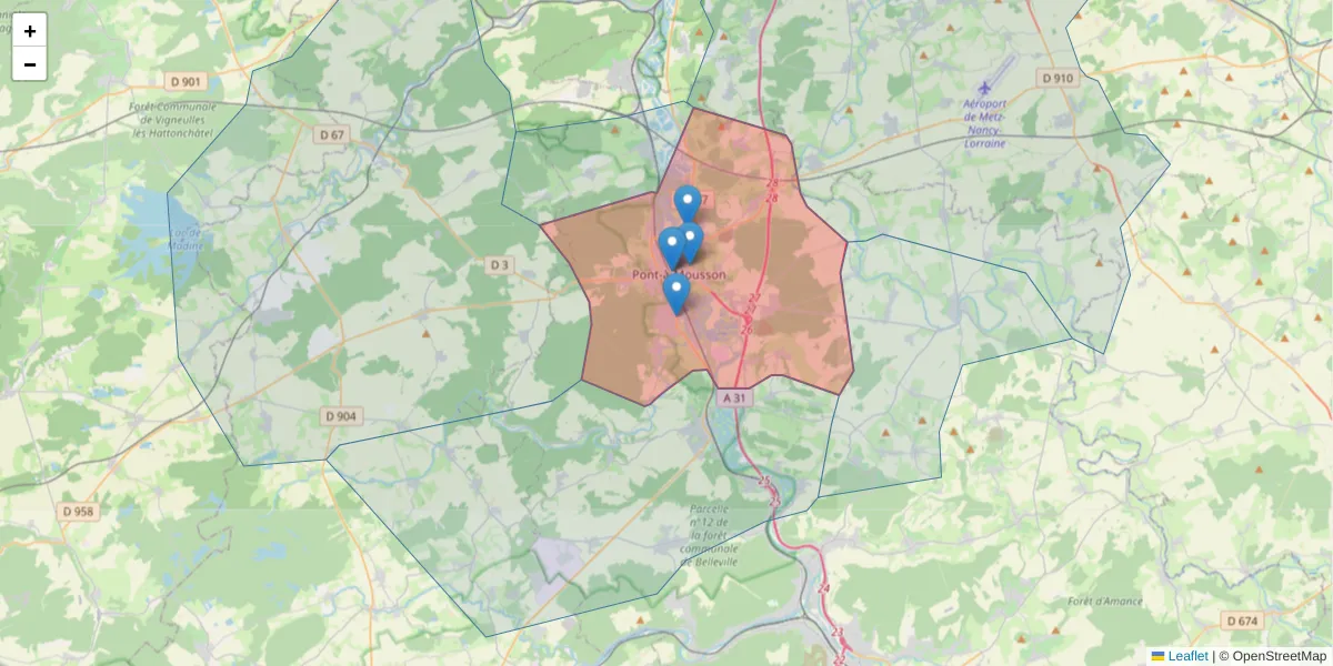 Carte de la zone du code postal  et des codes postaux voisins en France