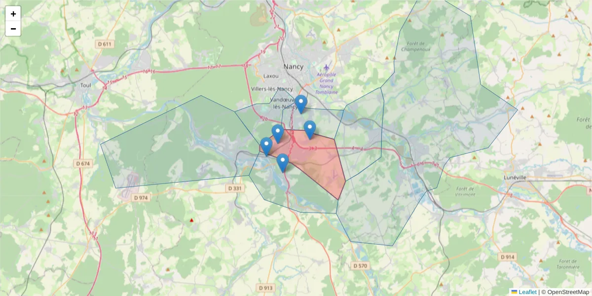 Carte de la zone du code postal  et des codes postaux voisins en France