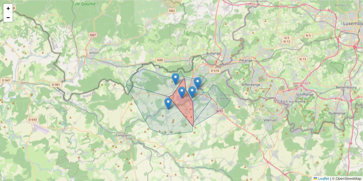 Carte de la zone du code postal  et des codes postaux voisins en France