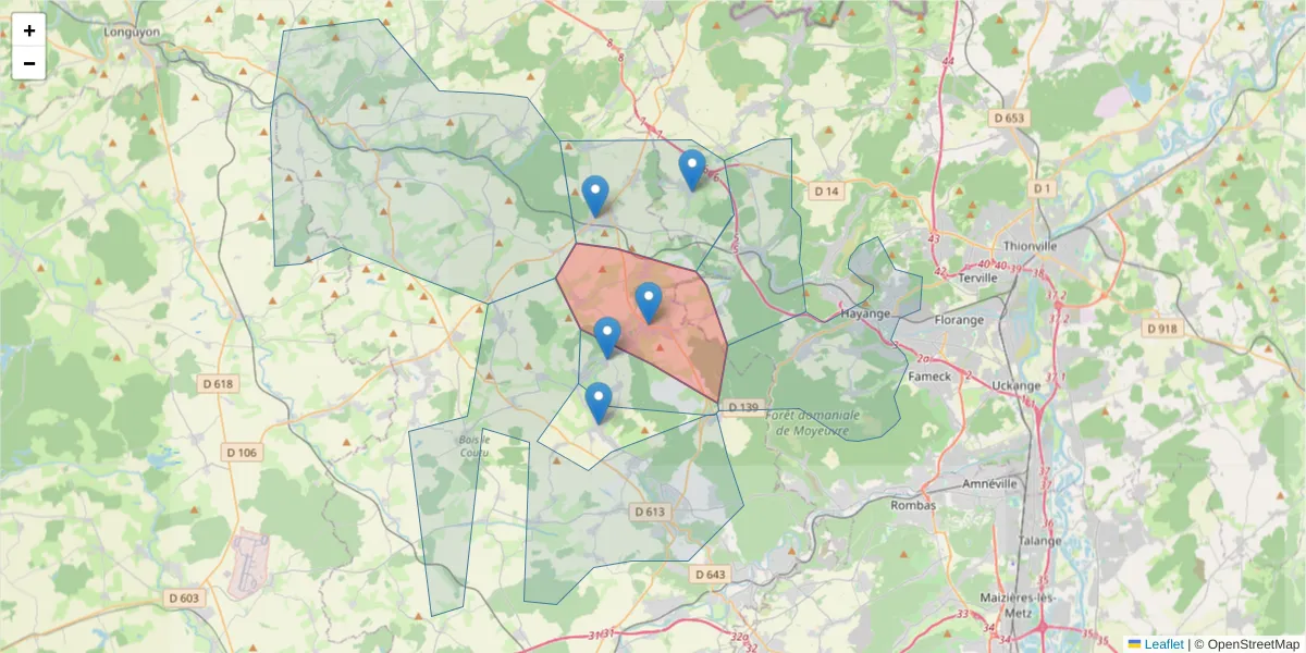 Carte de la zone du code postal  et des codes postaux voisins en France