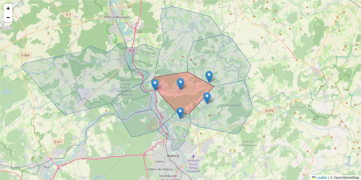 Carte de la zone du code postal  et des codes postaux voisins en France