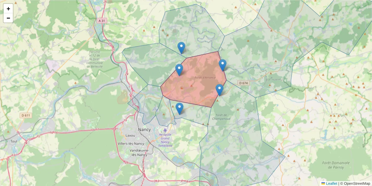 Carte de la zone du code postal  et des codes postaux voisins en France