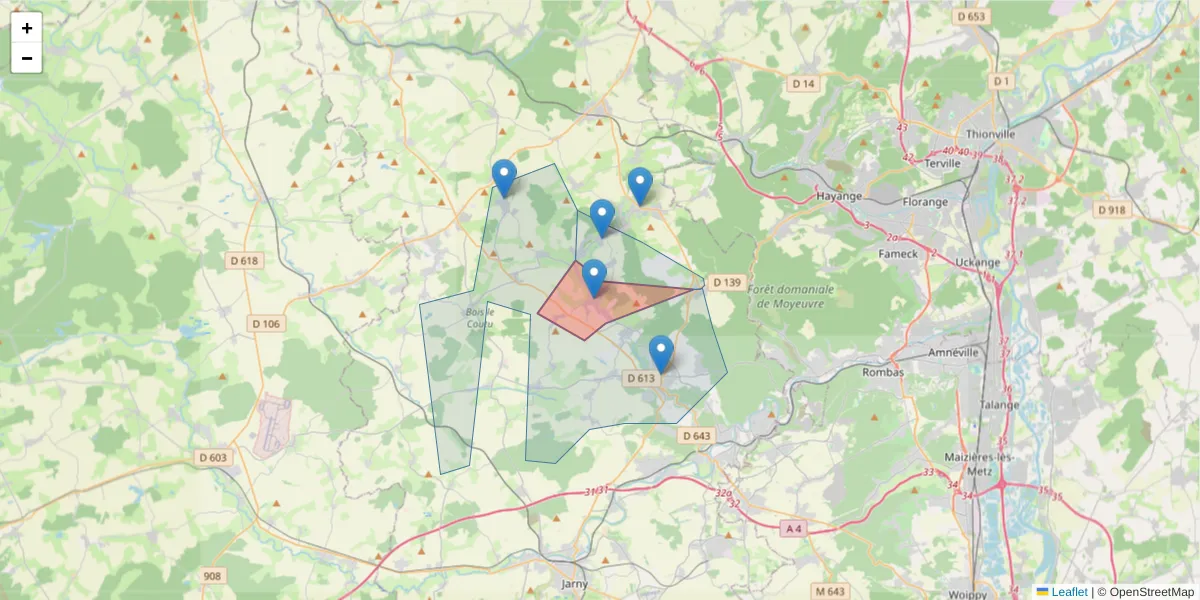 Carte de la zone du code postal  et des codes postaux voisins en France
