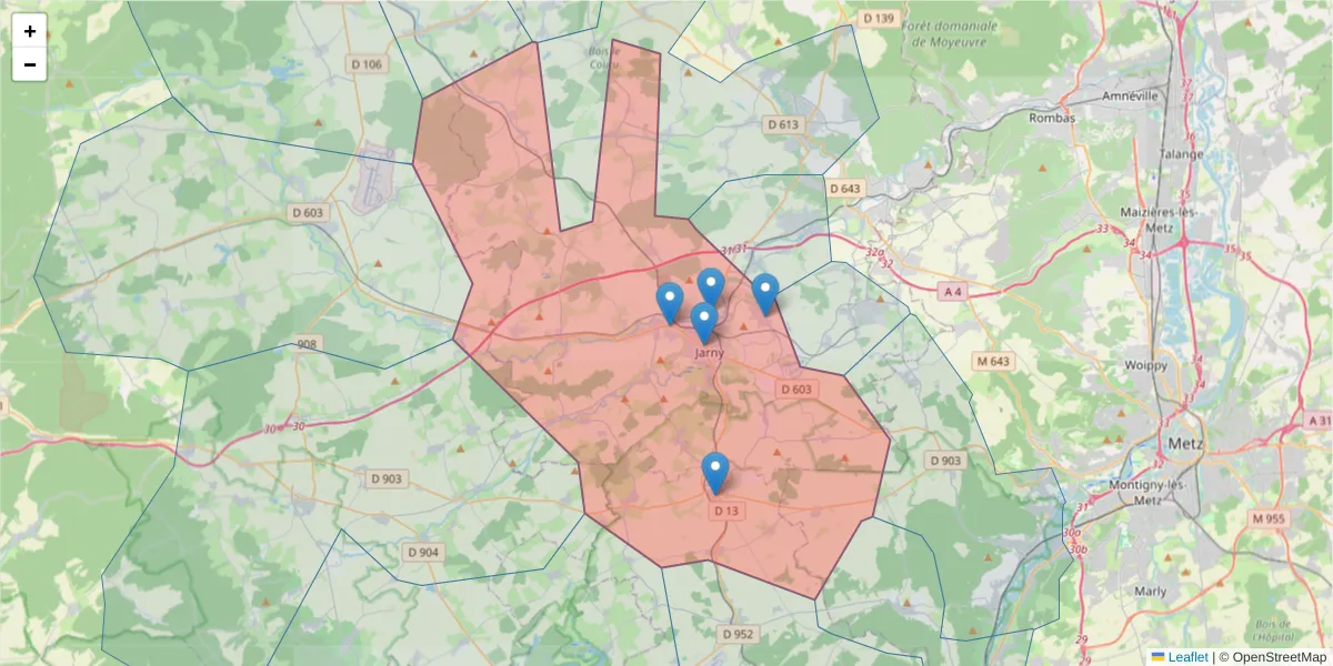 Carte de la zone du code postal  et des codes postaux voisins en France