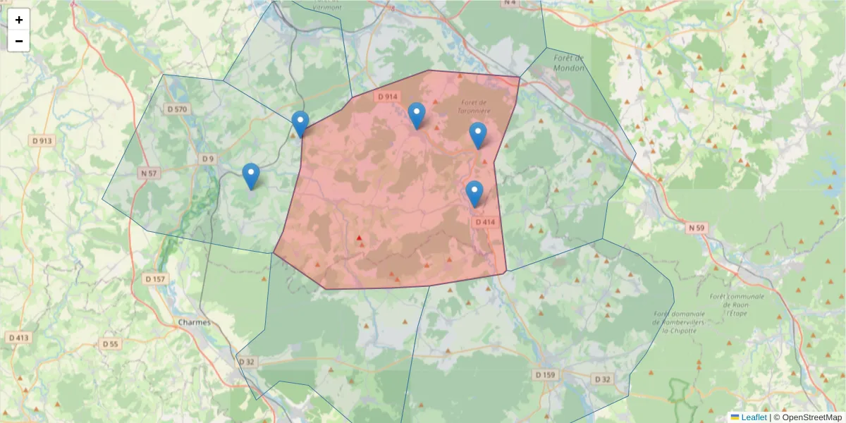 Carte de la zone du code postal  et des codes postaux voisins en France