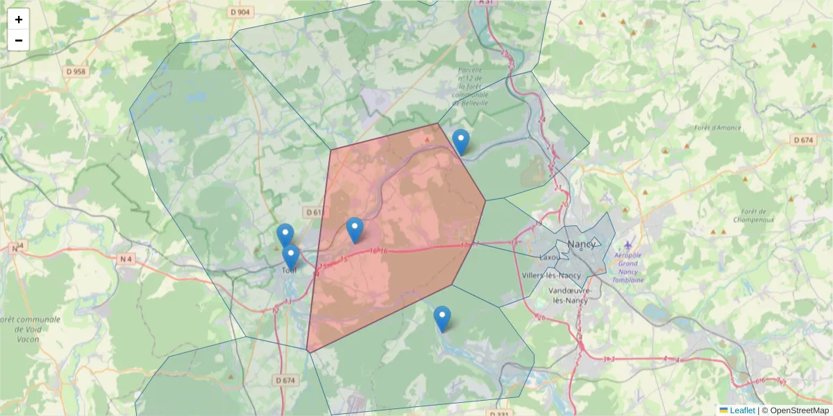 Carte de la zone du code postal  et des codes postaux voisins en France