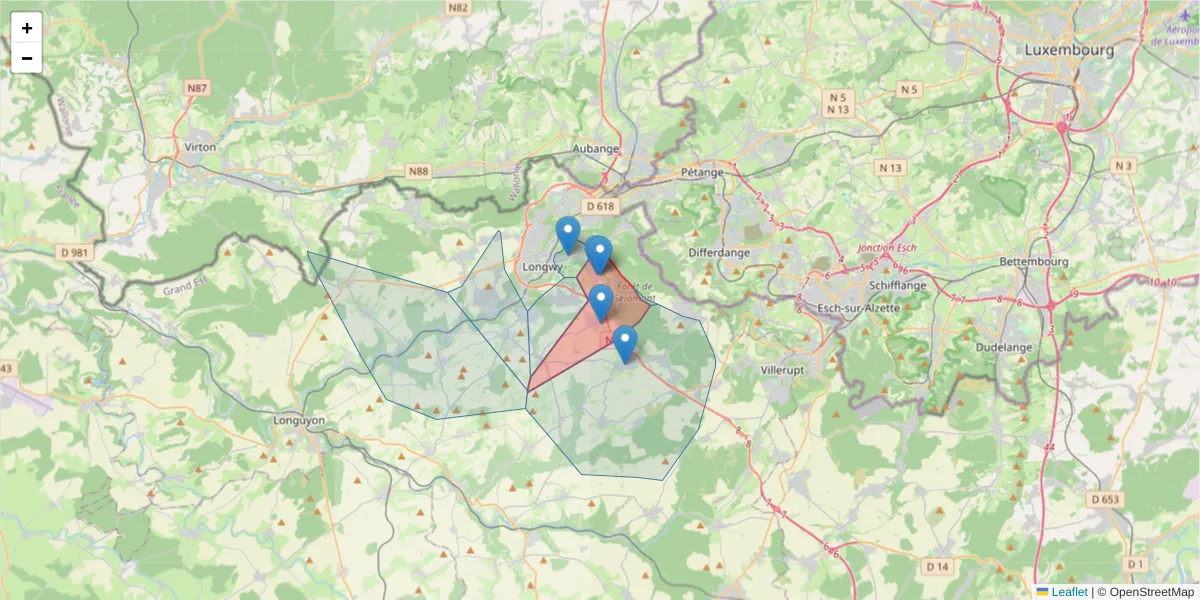 Carte de la zone du code postal  et des codes postaux voisins en France