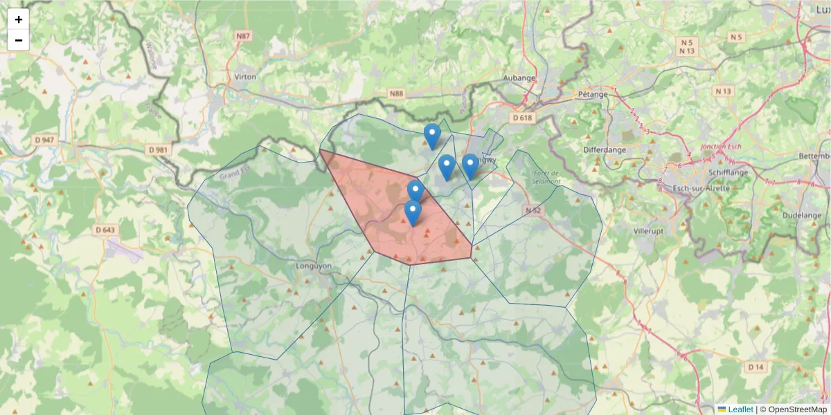 Carte de la zone du code postal  et des codes postaux voisins en France