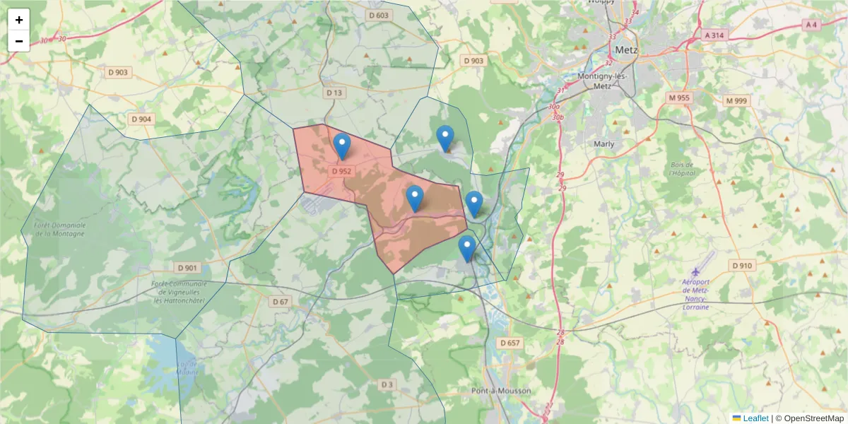 Carte de la zone du code postal  et des codes postaux voisins en France