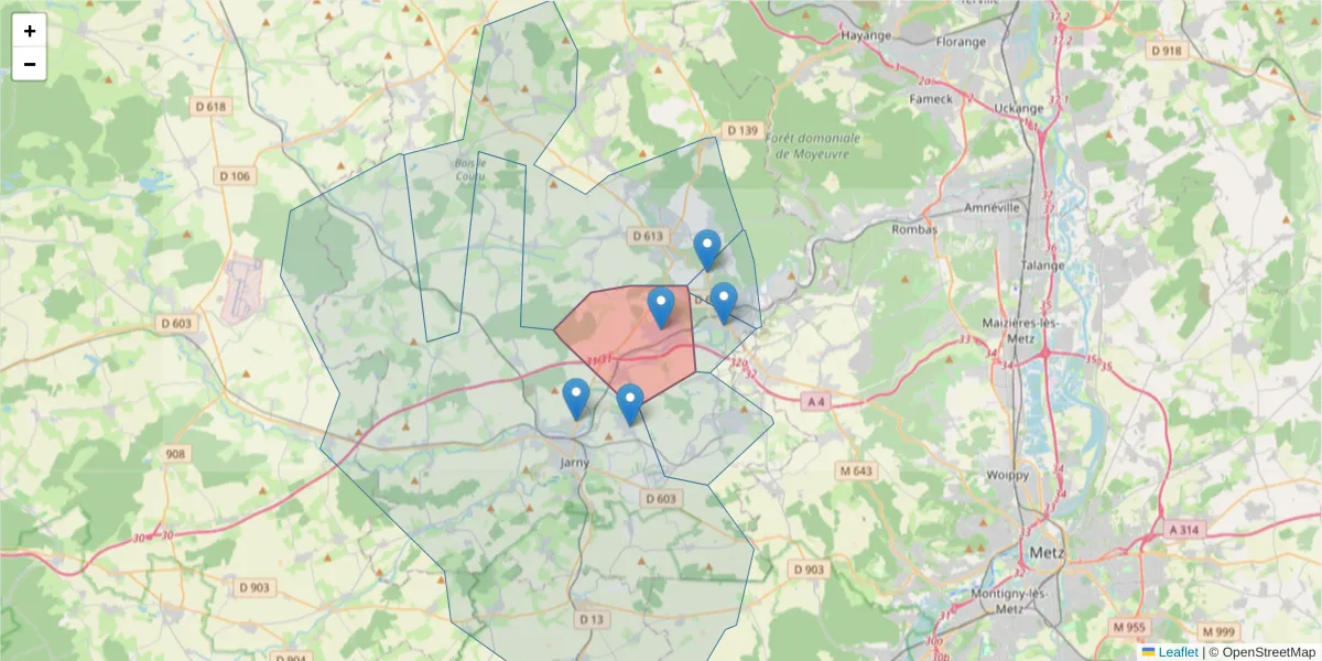 Carte de la zone du code postal  et des codes postaux voisins en France