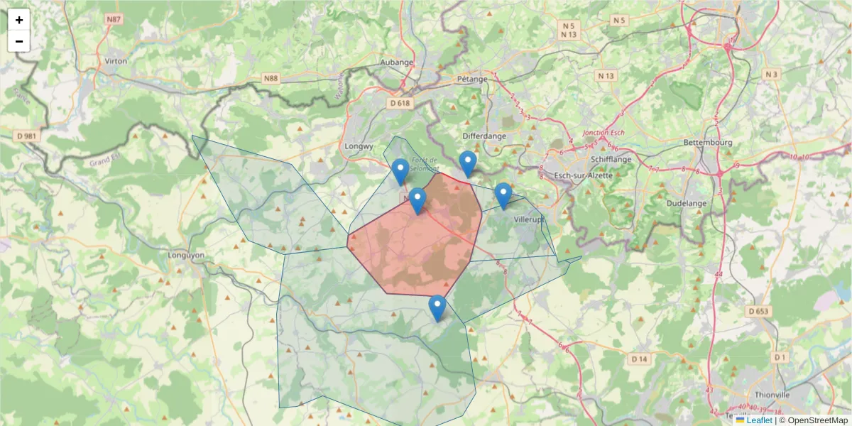 Carte de la zone du code postal  et des codes postaux voisins en France