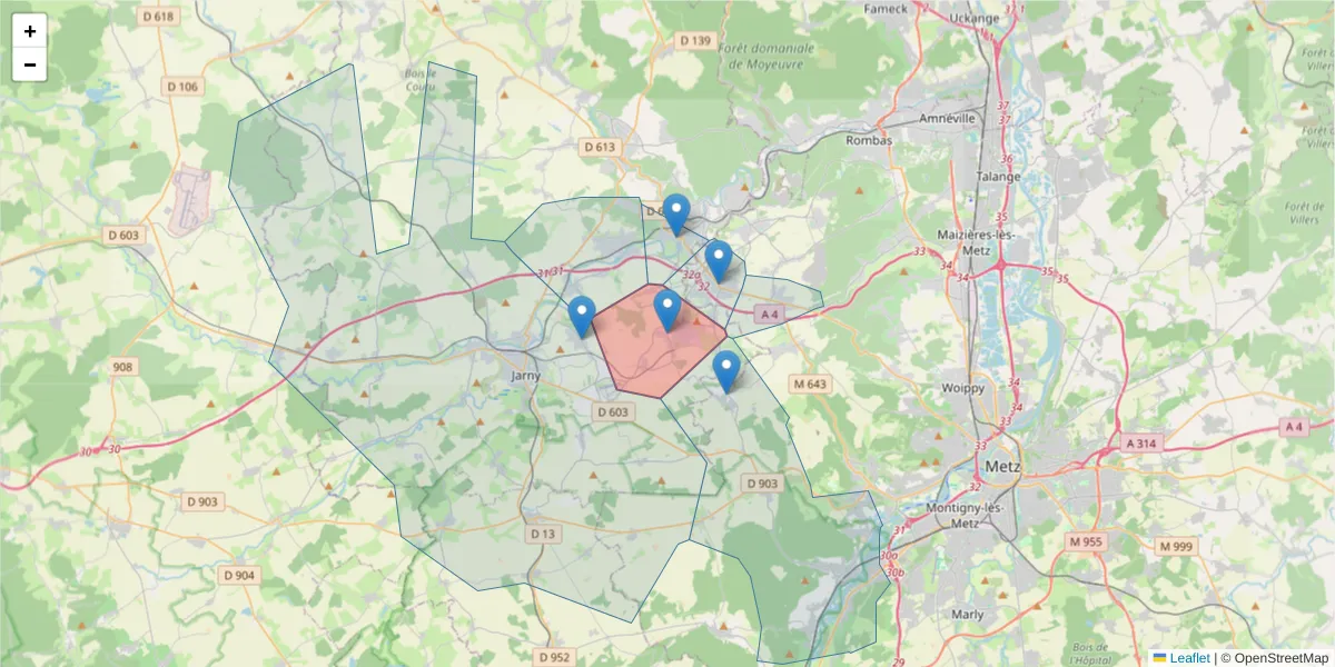 Carte de la zone du code postal  et des codes postaux voisins en France