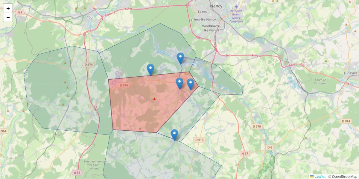 Carte de la zone du code postal  et des codes postaux voisins en France