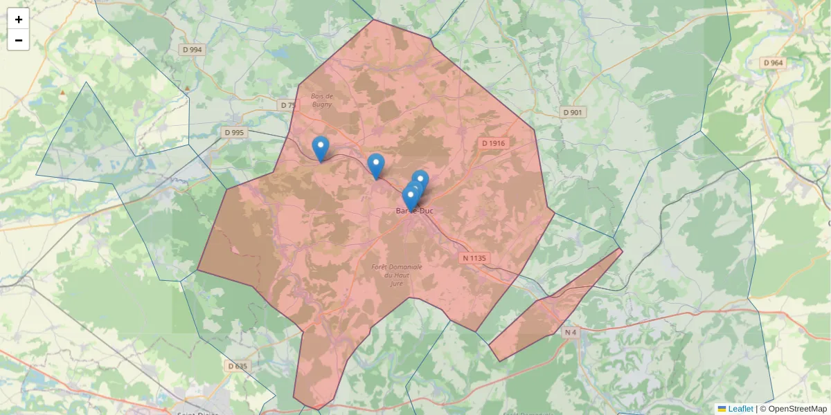 Carte de la zone du code postal  et des codes postaux voisins en France