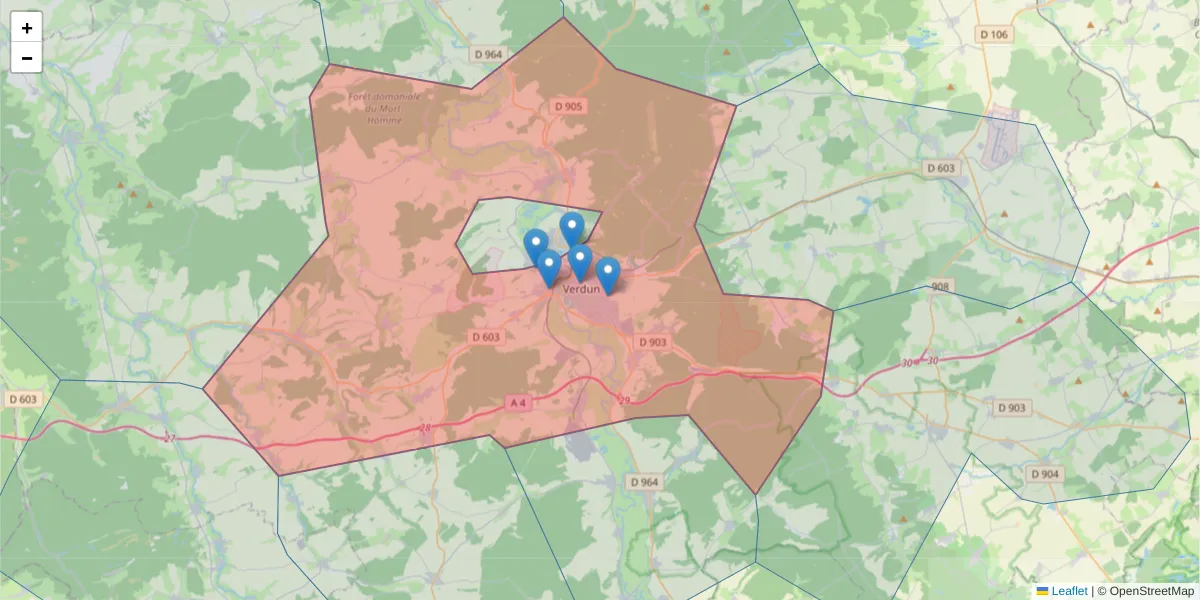 Carte de la zone du code postal  et des codes postaux voisins en France