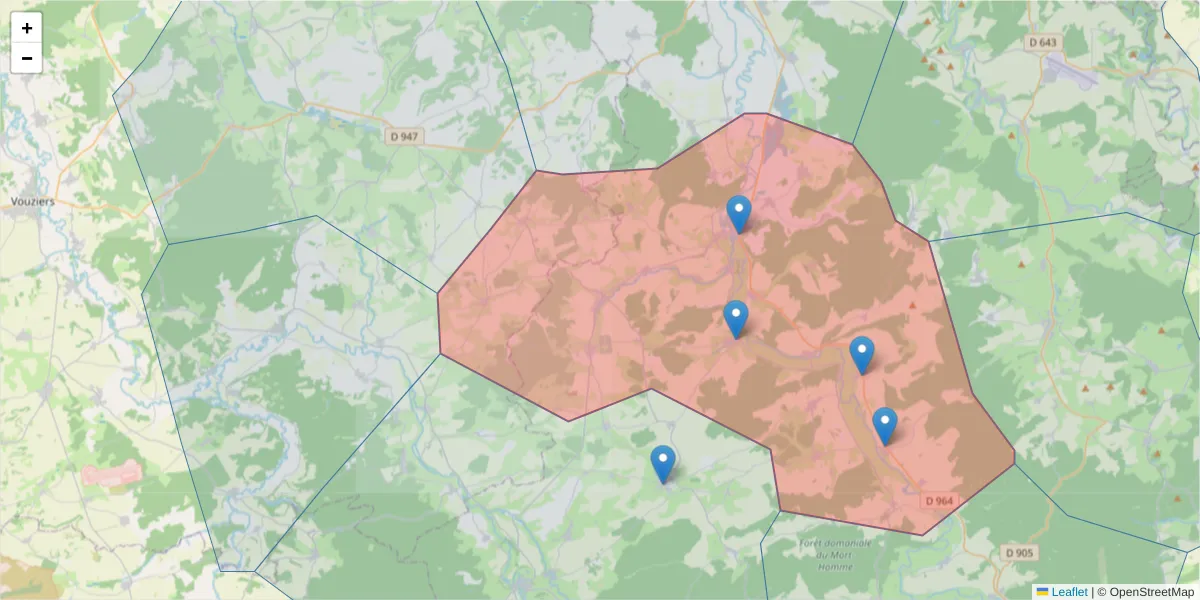 Carte de la zone du code postal  et des codes postaux voisins en France