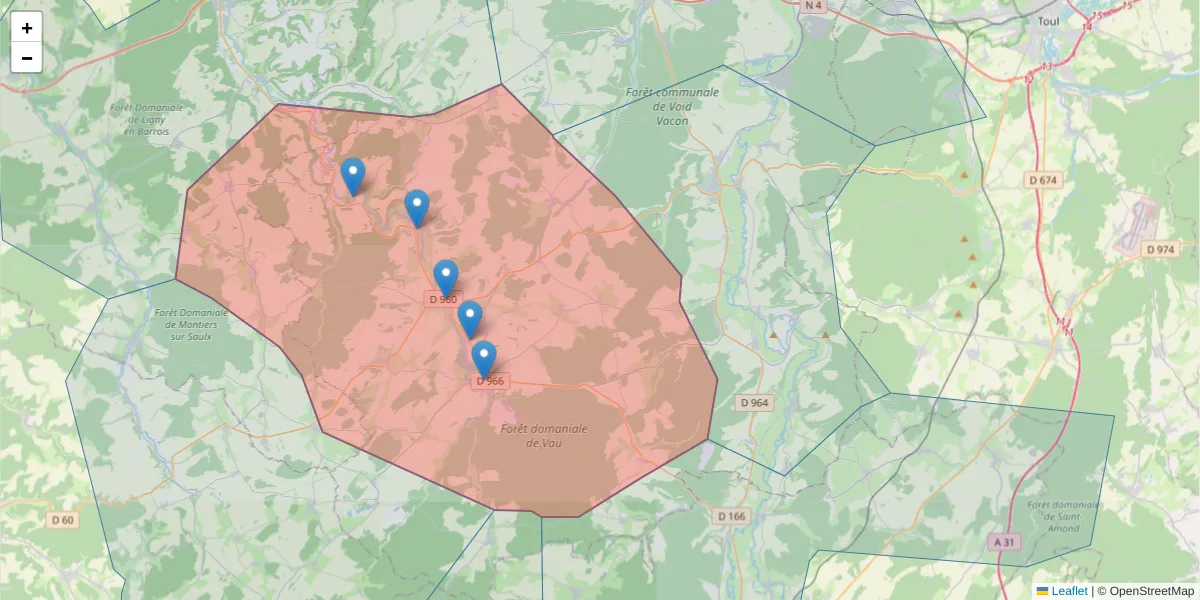 Carte de la zone du code postal  et des codes postaux voisins en France