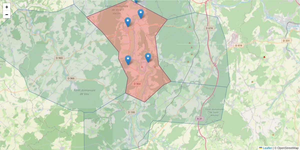 Carte de la zone du code postal  et des codes postaux voisins en France