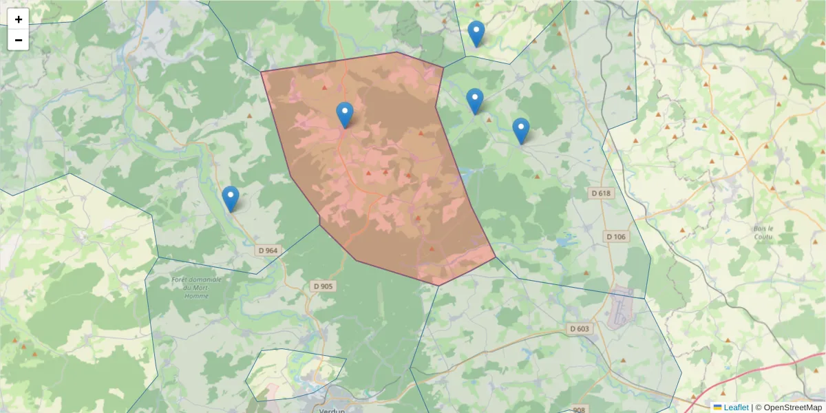 Carte de la zone du code postal  et des codes postaux voisins en France