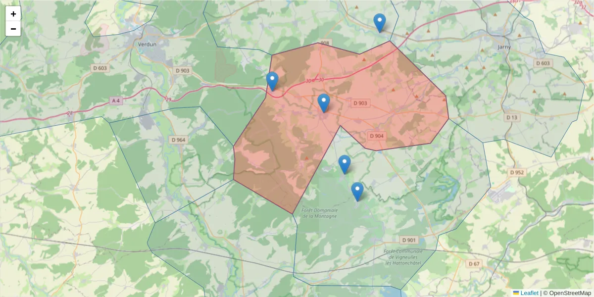 Carte de la zone du code postal  et des codes postaux voisins en France