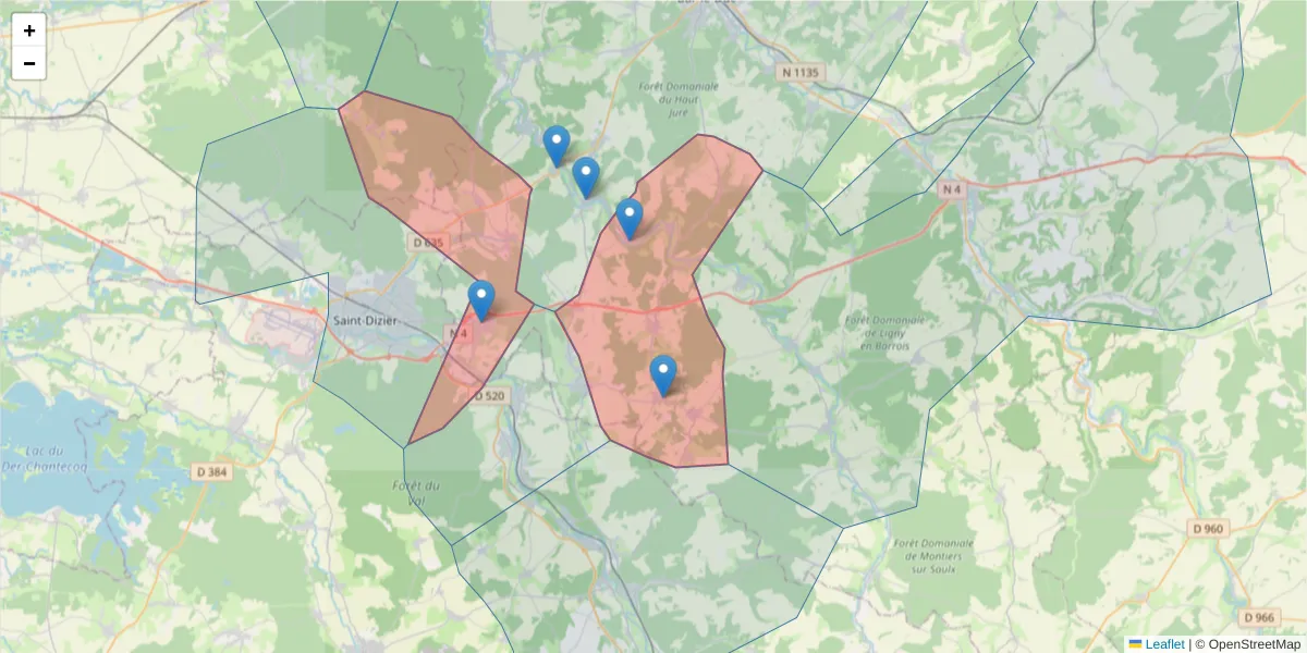 Carte de la zone du code postal  et des codes postaux voisins en France