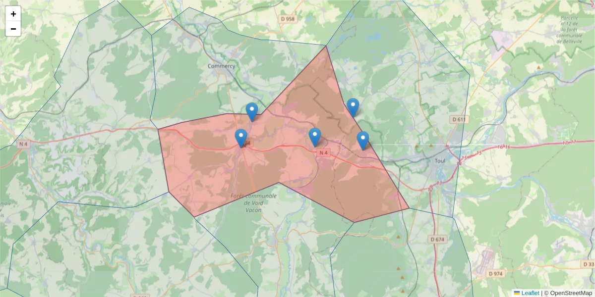 Carte de la zone du code postal  et des codes postaux voisins en France