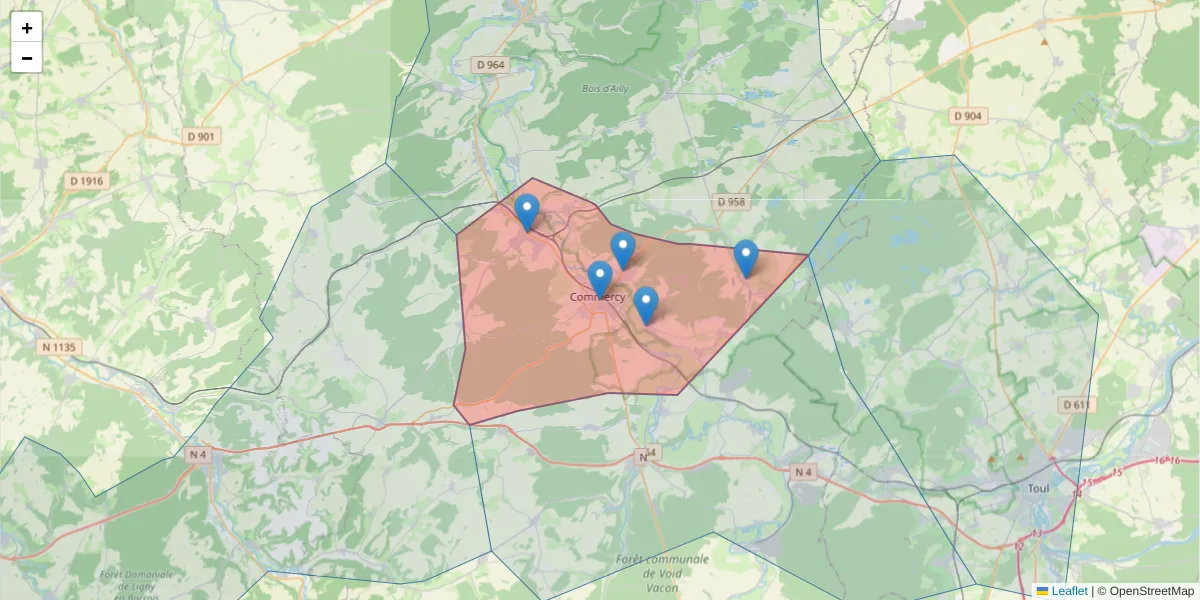 Carte de la zone du code postal  et des codes postaux voisins en France