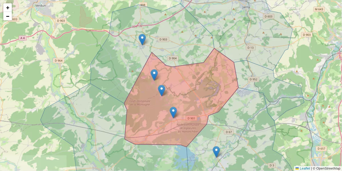 Carte de la zone du code postal  et des codes postaux voisins en France