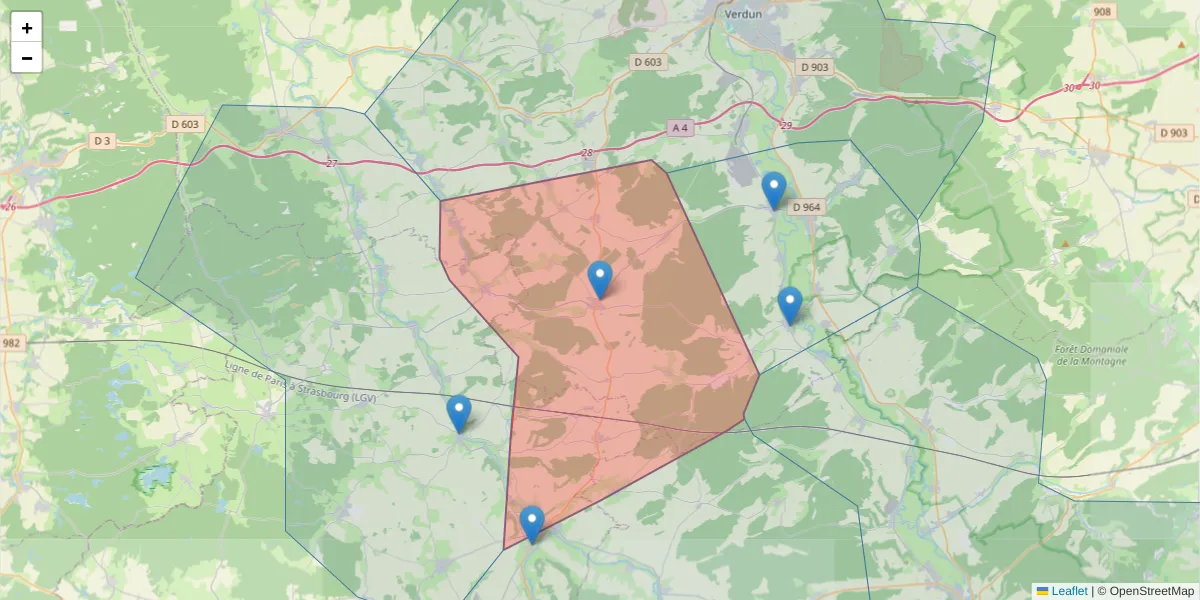 Carte de la zone du code postal  et des codes postaux voisins en France