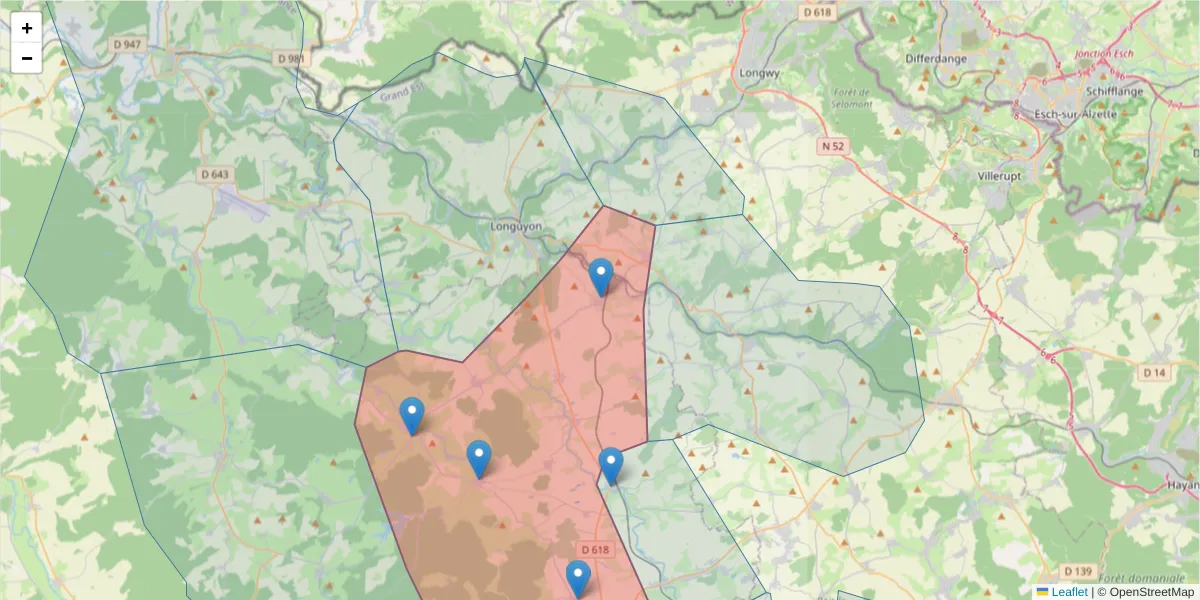 Carte de la zone du code postal  et des codes postaux voisins en France