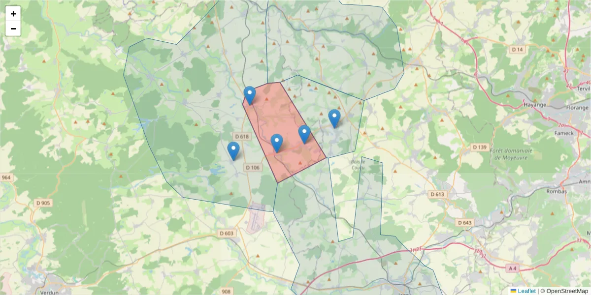 Carte de la zone du code postal  et des codes postaux voisins en France