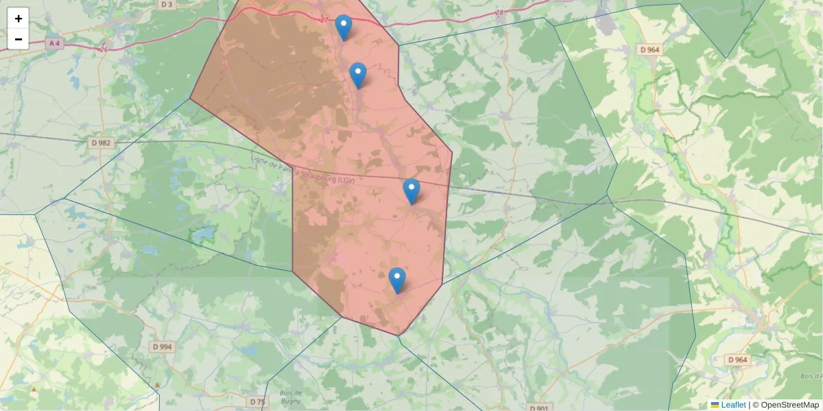 Carte de la zone du code postal  et des codes postaux voisins en France