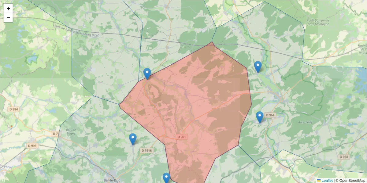 Carte de la zone du code postal  et des codes postaux voisins en France