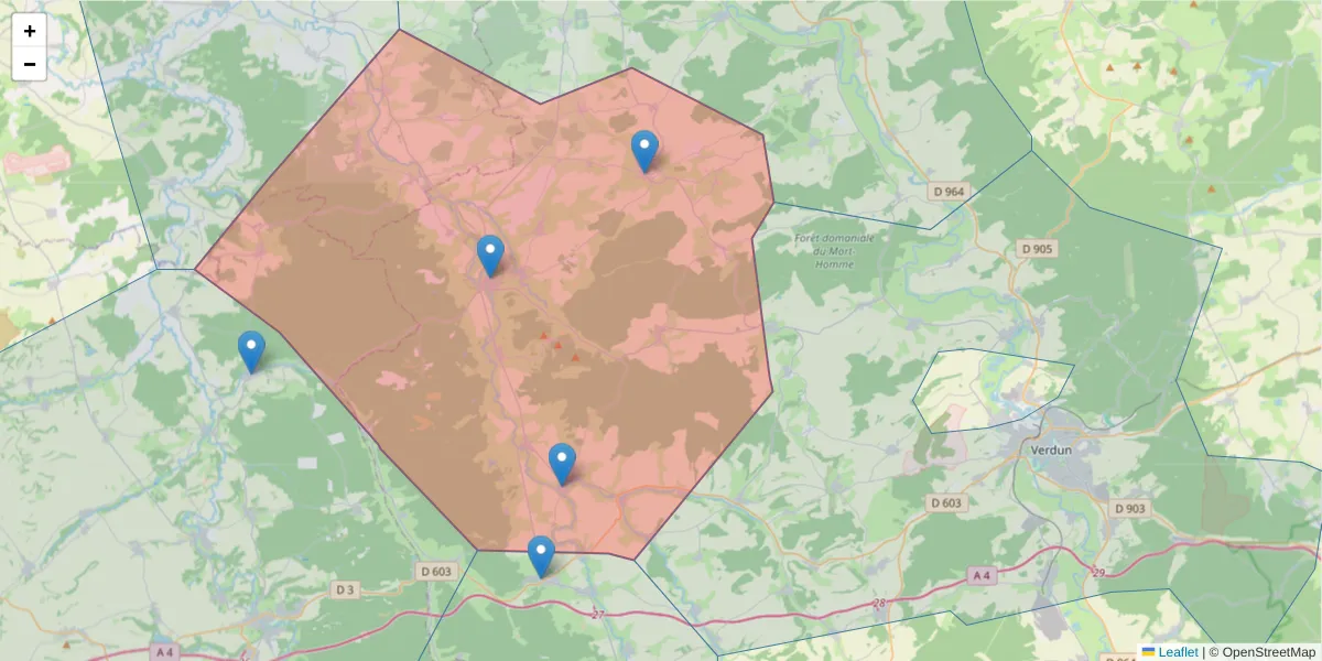 Carte de la zone du code postal  et des codes postaux voisins en France