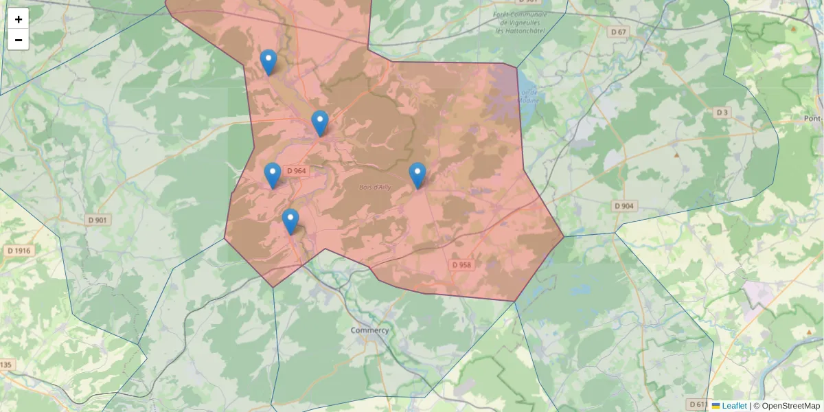 Carte de la zone du code postal  et des codes postaux voisins en France