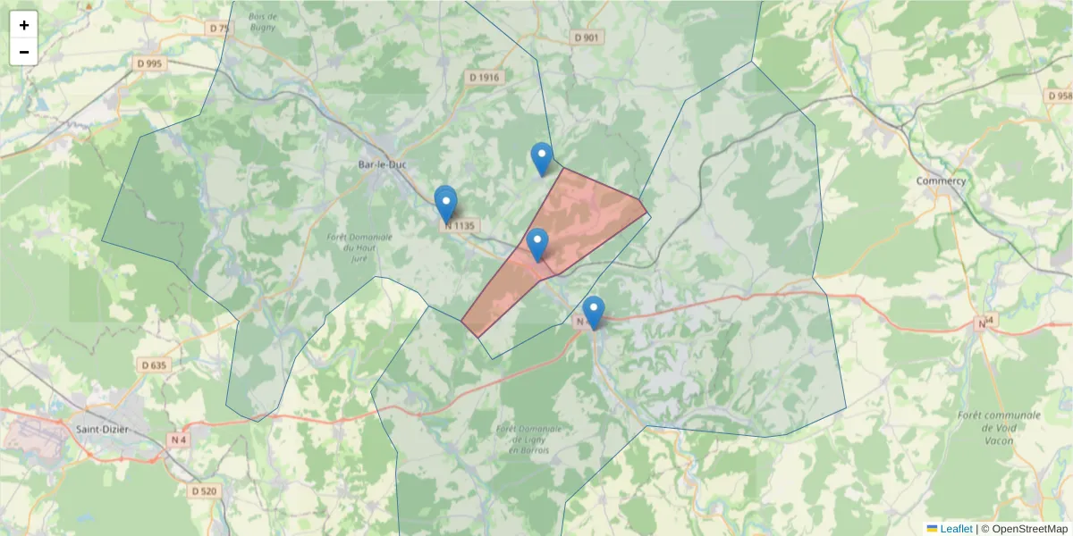 Carte de la zone du code postal  et des codes postaux voisins en France