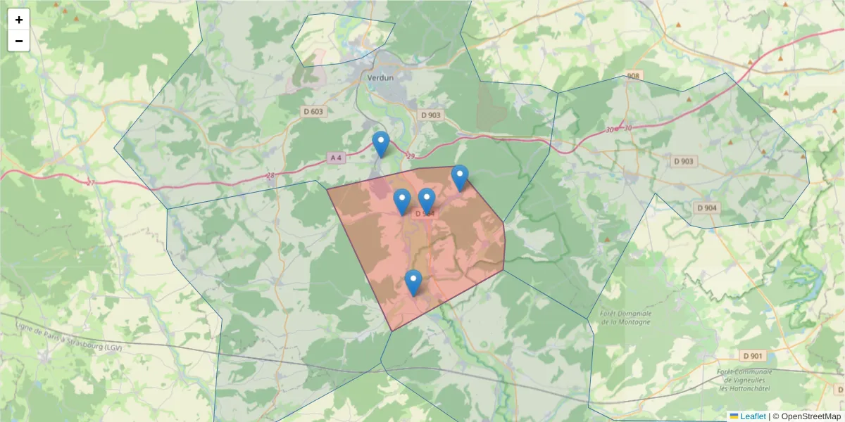 Carte de la zone du code postal  et des codes postaux voisins en France