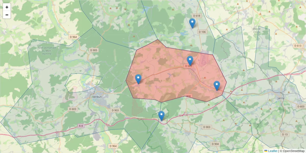 Carte de la zone du code postal  et des codes postaux voisins en France