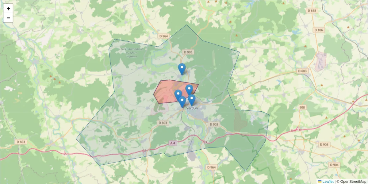 Carte de la zone du code postal  et des codes postaux voisins en France