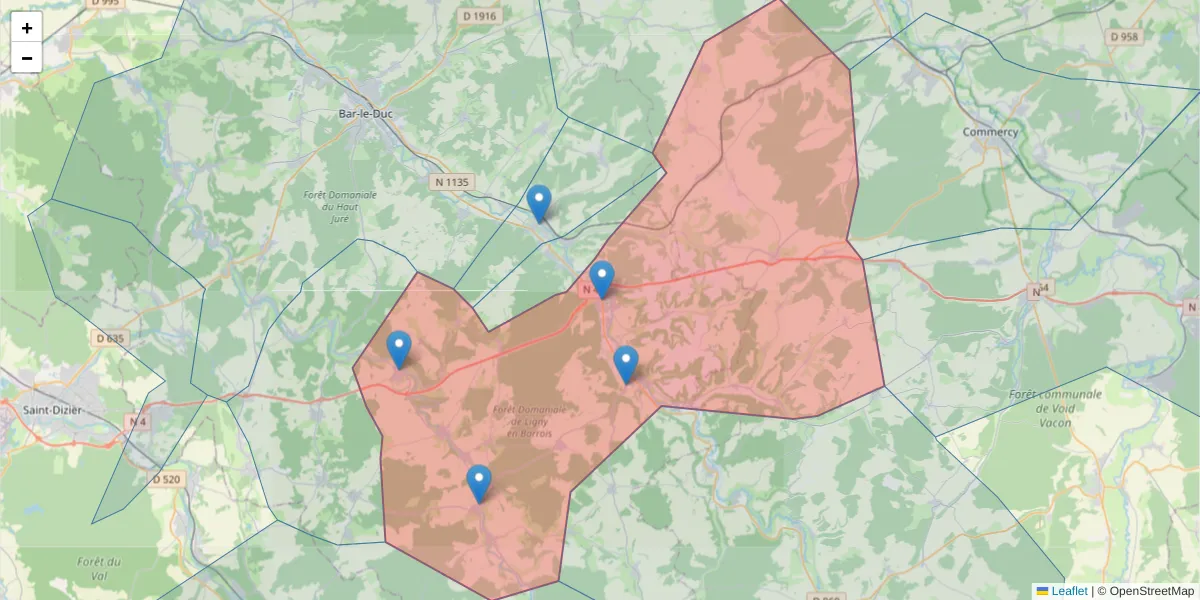 Carte de la zone du code postal  et des codes postaux voisins en France