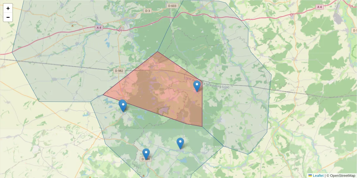 Carte de la zone du code postal  et des codes postaux voisins en France