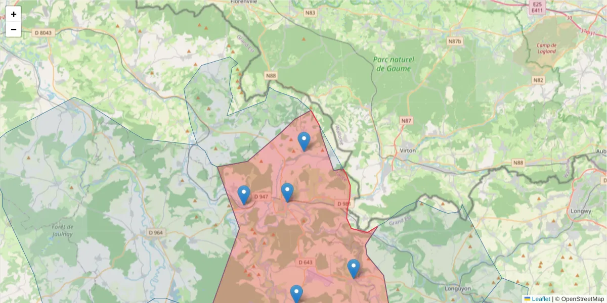 Carte de la zone du code postal  et des codes postaux voisins en France