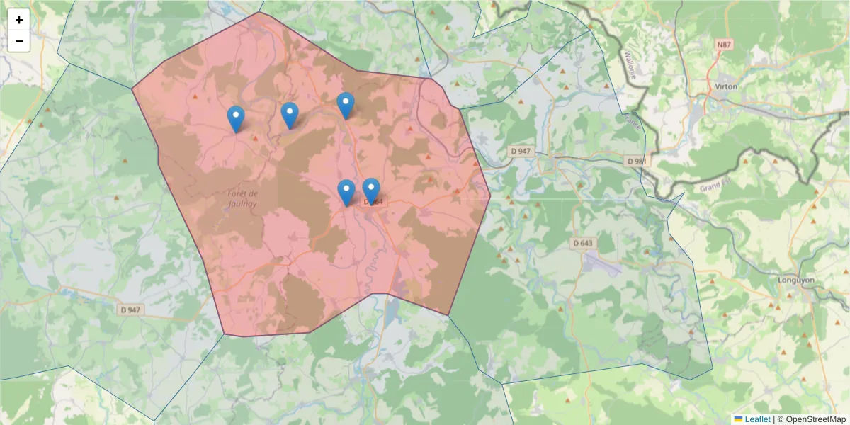 Carte de la zone du code postal  et des codes postaux voisins en France