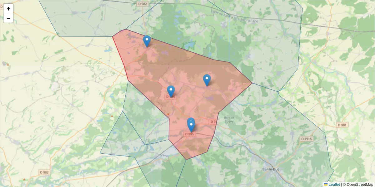 Carte de la zone du code postal  et des codes postaux voisins en France