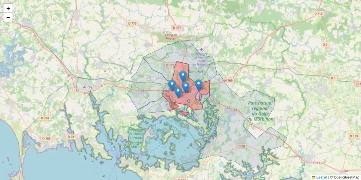 Carte de la zone du code postal  et des codes postaux voisins en France