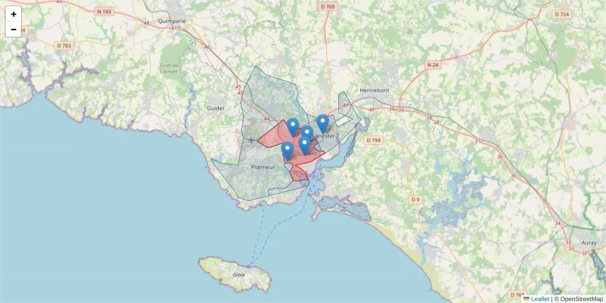 Carte de la zone du code postal  et des codes postaux voisins en France