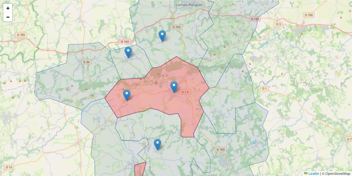 Carte de la zone du code postal  et des codes postaux voisins en France