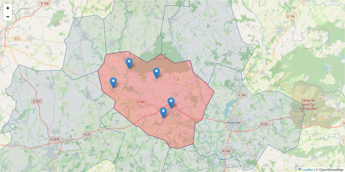 Carte de la zone du code postal  et des codes postaux voisins en France