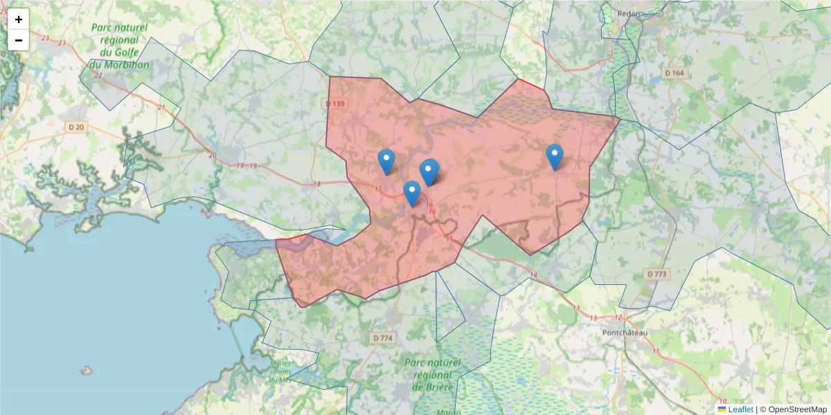 Carte de la zone du code postal  et des codes postaux voisins en France