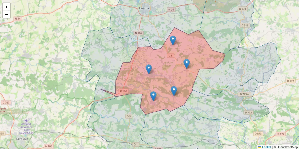 Carte de la zone du code postal  et des codes postaux voisins en France